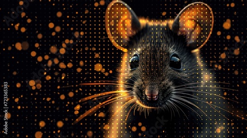  a close up of a rat on a black background with orange dots and a black background with orange dots and a black rat with blue eyes and a black nose.
