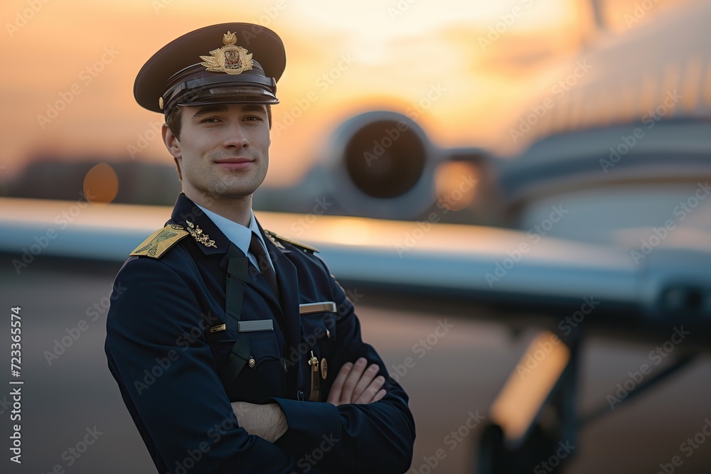 Young pilot man standing in airfield with airplane on background Young pilot man standing in airfield with airplane on background