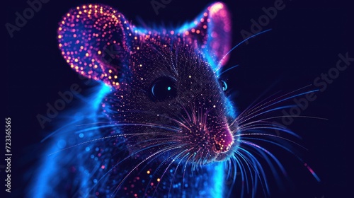  a close up of a mouse's face with bright lights on it's face and a black background with blue, pink, purple, and purple colors.