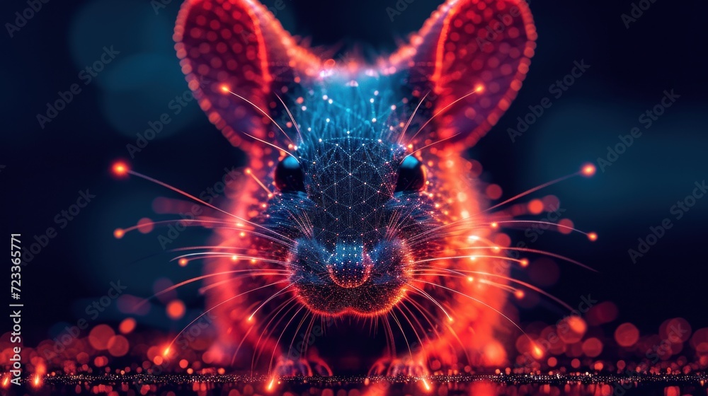  a computer generated image of a rabbit's face in red, blue, and pink lights on a dark background with a reflection of the rabbit's head in the center of the image.