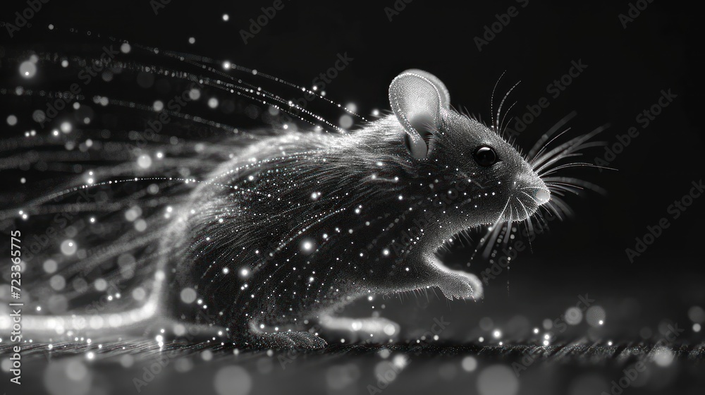  a black and white photo of a mouse on a black and white background with bubbles of light coming out of the mouse's back end of the mouse's body.