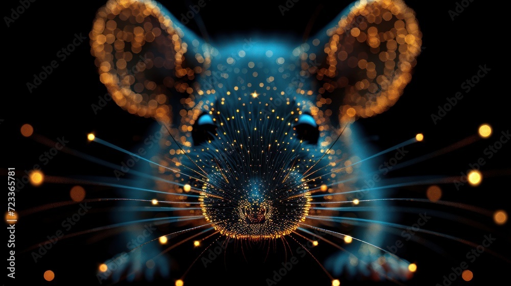  a close up of a mouse's face with a lot of lights on the side of the mouse's face and the mouse's front end of the mouse's face.
