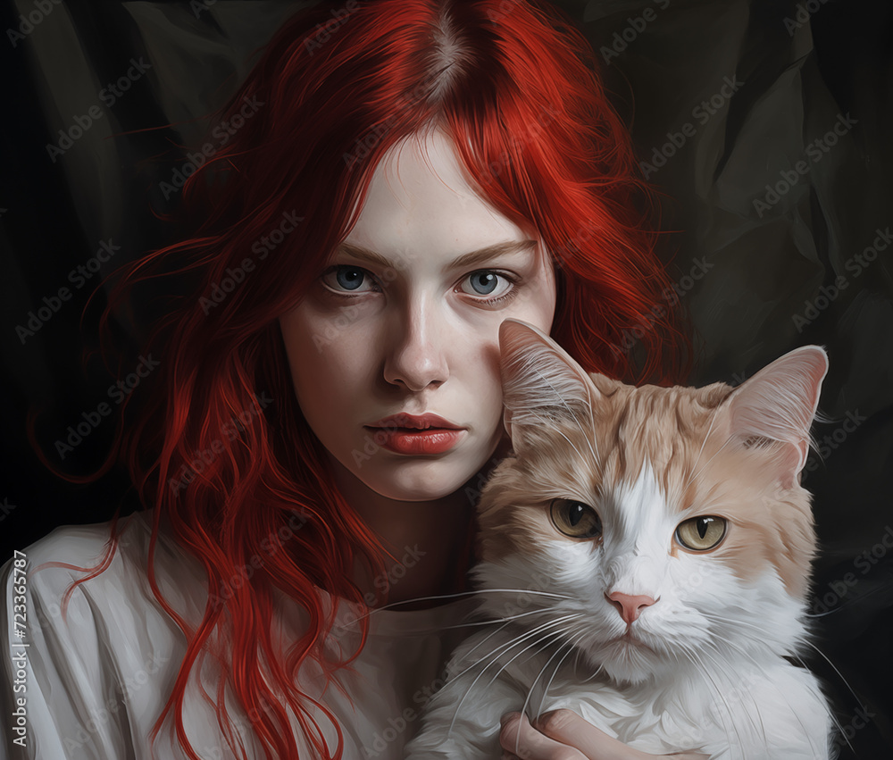 Wunderschönes junges rothaariges Mädchen mit Katze, Schmusekater mit junger Frau Wunderschönes junges rothaariges Mädchen mit Katze, Schmusekater mit junger Frau