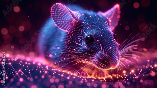  a computer generated image of a mouse on a purple background with pink and blue lights in the center of the mouse's face, and the mouse's head is glowing in the center of the foreground.