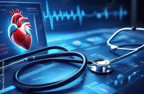 Futuristic technology, healthcare, heart with stethoscope photo