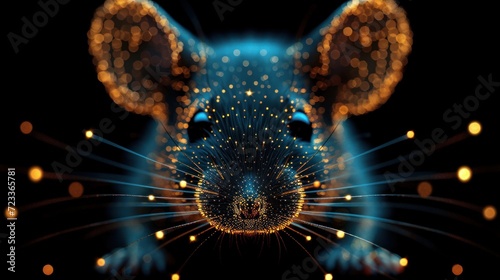  a close up of a mouse's face with a lot of lights on the side of the mouse's face and the mouse's front end of the mouse's face.