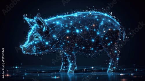  a pig that is standing in the middle of a dark background with a lot of lines and dots in the shape of a pig that is connected to the shape of a network.