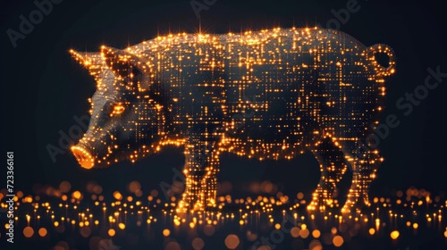  a cow that is standing in the middle of a field with a lot of lights on it's face and it's body in the shape of the shape of a cow.