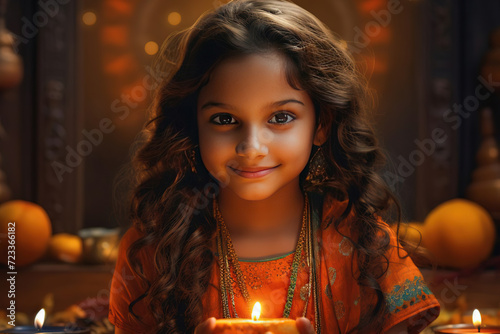 Portrait of a little girl 8 years old at the Diwali festival, the traditional Indian festival of Diwali, blurred bokeh in the background photo
