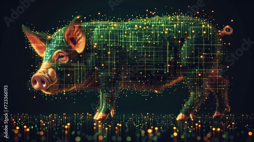  a cow standing in the middle of a field with a lot of dots all over it's body and it's head in the shape of a grid.
