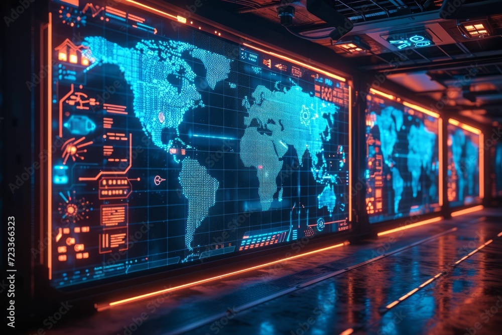 A detailed digital world map displayed in a control center for global cybersecurity monitoring, with dynamic lighting reflecting real-time data breaches and cyber attacks - obrazy, fototapety, plakaty 