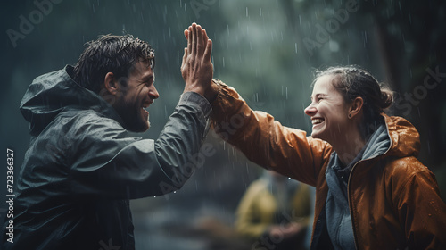 a man and woman giving each other a high five photo
