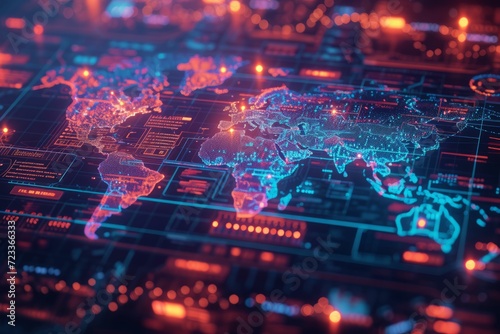 A detailed digital world map displayed in a control center for global cybersecurity monitoring, with dynamic lighting reflecting real-time data breaches and cyber attacks