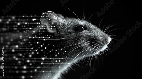  a black and white photo of a rat's face in front of a black and white background with lines and dots in the shape of the rat's head.