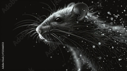  a black and white photo of a rat's face with snow flakes on it's fur and a black background with white dots of snowflakes. © Nadia