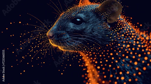  a black rat with orange spots on it's face and a black background with orange spots on it's face and a black background with orange dots on it. © Nadia