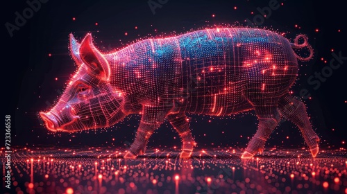 a computer generated image of a pig on a black background with red and blue lights around it and a black background with red and blue dots all over the pig.
