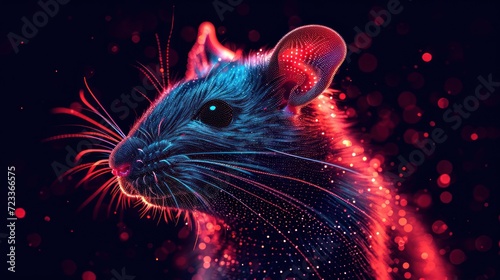  a close up of a rat on a black background with a red and blue light coming out of it's eyes and a red and blue light coming out of it's eyes. © Nadia