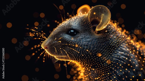  a rat's head with a lot of dots on it's back and a black background with gold dots on it's sides and a black background.