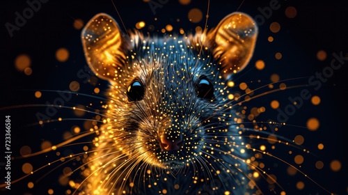  a close up of a rat's face with a lot of gold dots on it's face and a black background with gold circles around the rat's eyes.