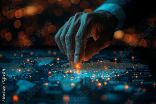 A high-stakes financial magazine cover shot, with a detailed view of a professional consultant's hand over a glowing digital map, representing the pulse of the global economy photo