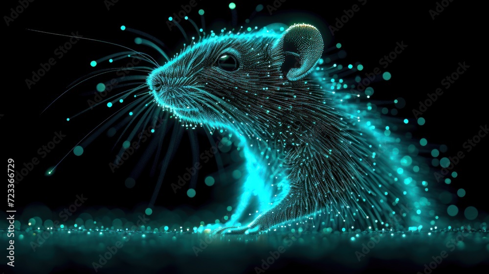  a computer generated image of a rat on a black background with blue and green lights coming out of it's back end and the rat is looking to the right of the camera.