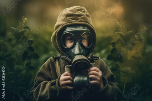 Young Child in Gas Mask in Misty Garden