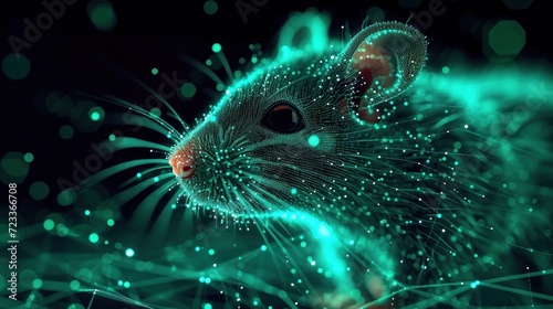  a close up of a mouse's face on a black background with blue and green lights in the middle of the mouse's face and a red nose.