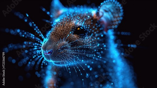  a close up of a cat's face with a lot of blue lights on it's face and a blurry background of circles around the cat's head.
