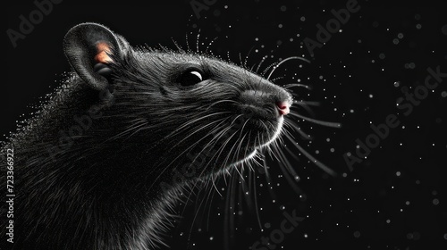  a close up of a rat's face on a black background with drops of water coming out of its eyes and a light shining on its left side of the rat's head. © Nadia