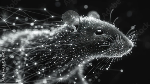  a black and white photo of a mouse's face with a network of dots and dots in the shape of a mouse's head on a black background.