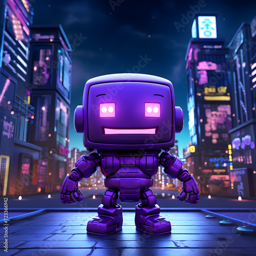 a purple robot on a city street