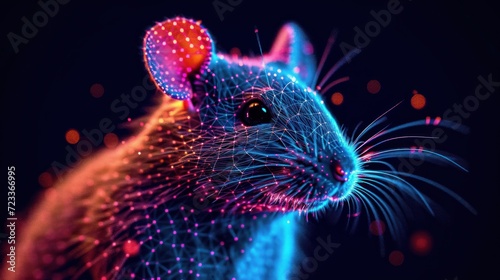  a close up of a mouse with a lot of dots on it's face and a red dot in the middle of the mouse's ear, on a black background.