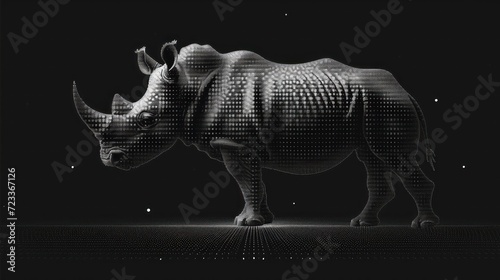  a rhino standing in the middle of a black and white photo with a grid pattern on it s face and it s horn in the shape of the shape of a rhino.
