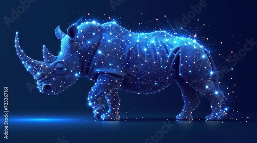  a rhinoceros standing in the middle of a blue background with stars in the shape of the rhinoceros and the shape of a line of the rhinoceros.
