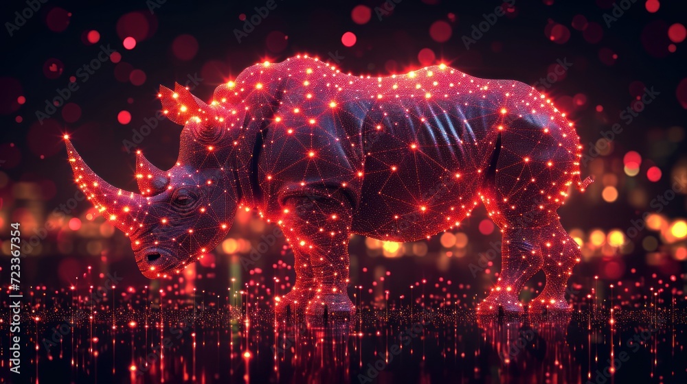  a rhinoceros standing in the middle of a night scene with lights on it's body and a black background with red and white dots all overlaids.
