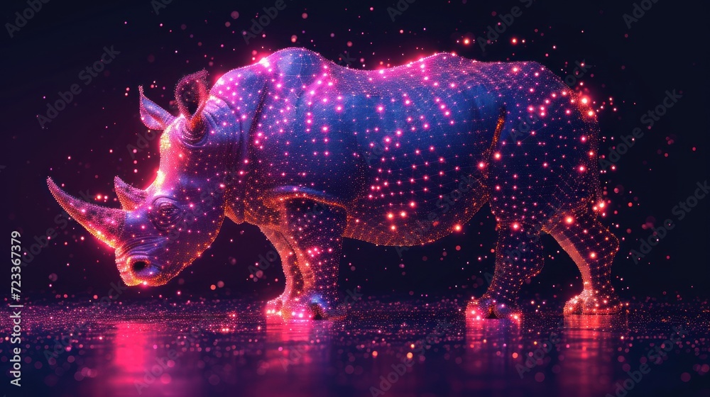 a blue rhinoceros standing in the middle of a dark room with bright lights on it's body and a black background that has stars all over it. a blue rhinoceros standing in the middle of a dark room with bright lights on it's body and a black background that has stars all over it.