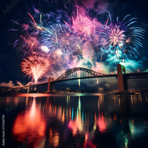 fireworks over a bridge