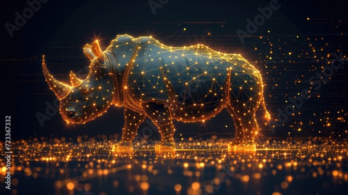  a rhinoceros standing in the middle of a dark background with a lot of dots in the shape of a line and dots in the shape of the rhinoceros.