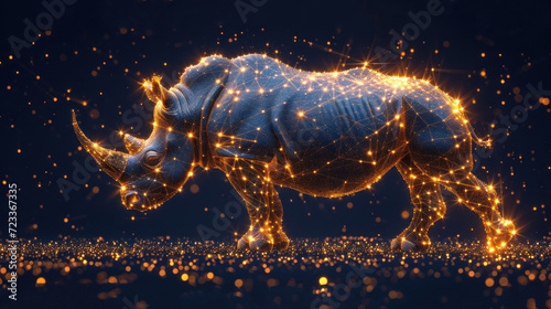  a rhinoceros standing in the middle of a field with a lot of lights on it s back and it s head in the middle of the frame.