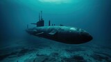 Naval submarine submerge deep underwater near to ocean floor