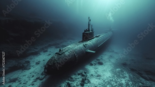 Naval submarine submerge deep underwater near to ocean floor photo