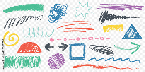 Hand drawn charcoal pencil squiggles, wavy lines and shapes. Color rough crayon strokes, arrows and curly scribbles collection. Freehand chalk smear, marker stripes and circles. Childish drawing set.