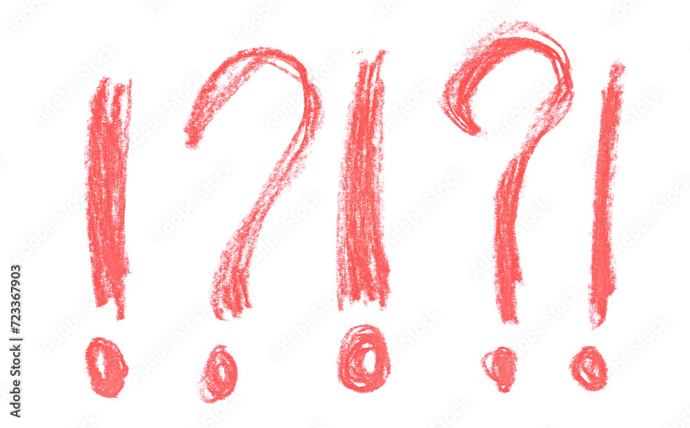 Fototapeta premium Symbol question and exclamation mark, red chalk cross hatch, sketching isolated on white