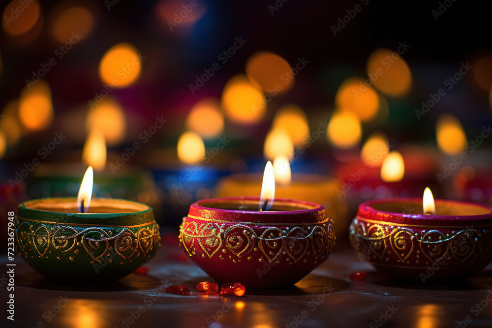 happy Diwali festival decorated with oil lamps. Celebrating the traditional religious Hindu festival of lights. defocus in the background happy Diwali festival decorated with oil lamps. Celebrating the traditional religious Hindu festival of lights. defocus in the background