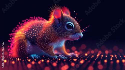  a digital painting of a squirrel sitting on a table with bright lights on it's sides and a black background with red, orange, pink, and blue dots. © Nadia