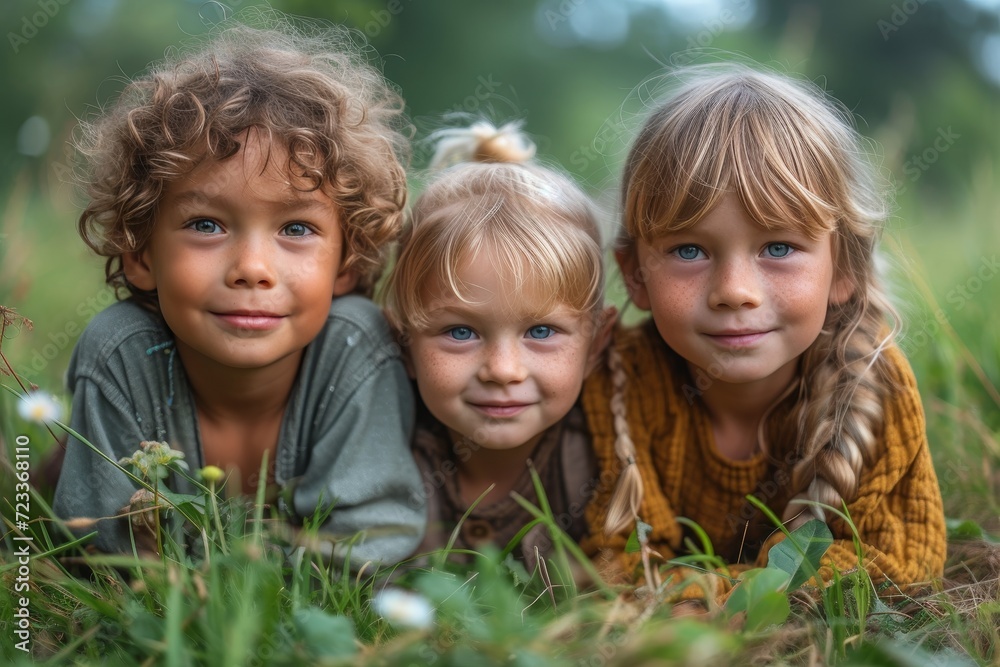 A joyful group of children enjoying the beauty of nature, surrounded by lush green grass and dressed in colorful clothing, their innocent faces beaming with pure happiness A joyful group of children enjoying the beauty of nature, surrounded by lush green grass and dressed in colorful clothing, their innocent faces beaming with pure happiness