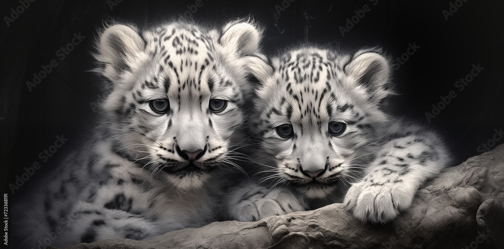 Obraz premium Scheeleopard mit Jungtier im Winter