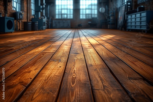 A rustic wooden floor basks in the warm light streaming through a window, adding character to the building's interior and inviting you to step inside and feel the grounding presence of nature © Larisa AI