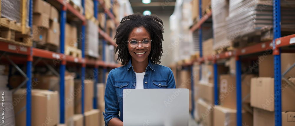 Cheerful woman with glasses using a laptop in a well-stocked warehouse, embodying efficient logistics Cheerful woman with glasses using a laptop in a well-stocked warehouse, embodying efficient logistics